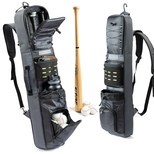 Rolling Baseball Bat Bag with Wheels, Large Capacity Gear Bag Holds 4 Bats, Reinforced Hard Base & Structured Back Panel, Top & Bottom Grab Handles, Shoe & Helmet Compartments for Youth &Adult Players - color: Grey - Slim Style - No Wheels