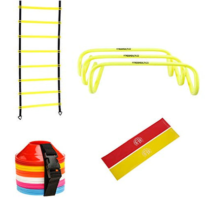 Fitness Health Gym Workout Equipment Sets for Exercise - Includes 1x4 Meter Agility Ladder, 60 Agility Multicolor Cones, 2 Resistance Bands, 3 PCS of Heavy Duty PVC Pipe Training Hurdles