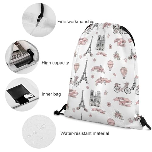 Theft Proof Drawstring Backpack Cinch Sack Water Resistant for Travel Camping Sports Equipment Men Women, Pink Paris Eiffel Tower And Balloon Bags - color: Picture (352)