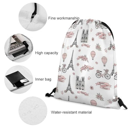 Theft Proof Drawstring Backpack Cinch Sack Water Resistant for Travel Camping Sports Equipment Men Women, Pink Paris Eiffel Tower And Balloon Bags - color: Picture (352)