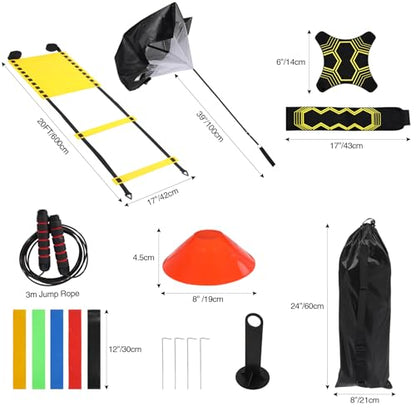 REDCAMP Agility Speed Training Equipment Set, 20ft 12 Rungs Agility Ladder, Jump Rope,10 Disc Cones, Resistance Parachute, 5 Resistance Bands, Football Practice Training Accessories with Storage Bag