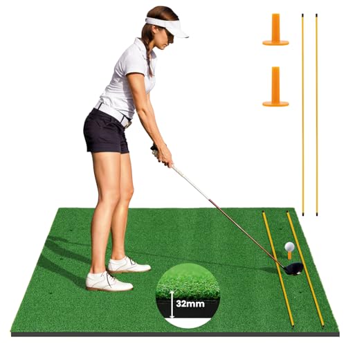 Goplus Golf Mat, 5x3ft/5x4ft Golf Hitting Mat 20/25/27/32mm Thick w/2 Alignment Sticks & 2 Golf Tees, Portable Artificial Turf Grass Training Mat Practice for Indoor Outdoor