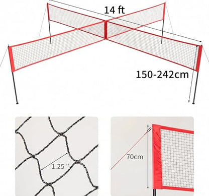 4 Square Volleyball Net Set with 3 Adjustable Heights, 14FT Cross PE System, Use in Backyard or Beach, Includes Ball, Pump, Carry Bag, Hammer, Outdoor Team Games, Black/Red
