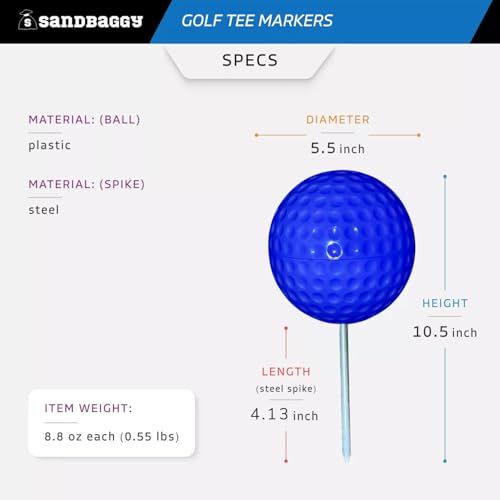 Sandbaggy Plastic Tee Markers for Golf Course (UV Resistant) - Steel Spike - Safety Caps Included - color: Blue