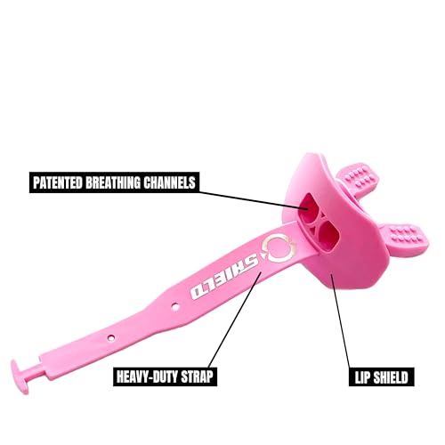 O Shield Striker Football Mouth Guard with Connected Strap, No Boil Brace Friendly Lip Guard for Tackle Football, Youth and Adult - color: Pink