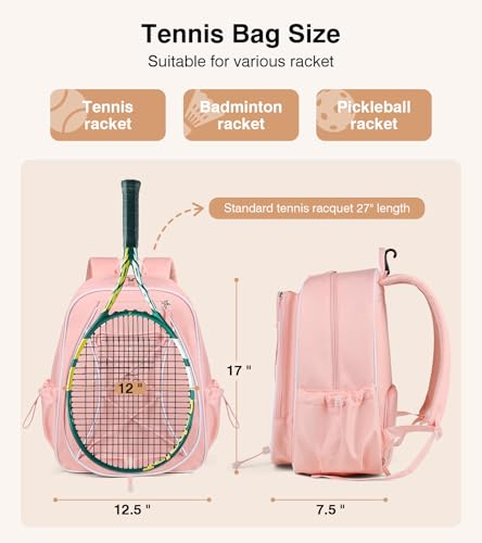 Marvolia Tennis Bags for Women Men, Tennis Backpack Holds 2 Rackets with Ventilated Shoe Compartment & Wet Pocket, Tennis Racket Bag Backpack for Pickleball Tennis Badminton - color: Pink