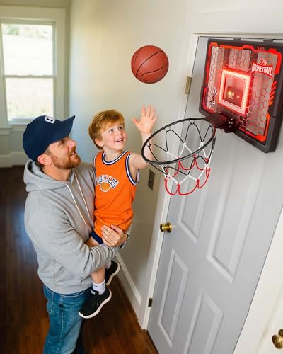 Indoor Basketball Hoop Pro for Kids, Over The Door Basketball Hoop Indoor with LED Light/Scoreboard/4 Balls- Upgraded Anti-Impact Backboard, Basketball Toys Gifts for 6 7 8 9 10 11 12 Year Old Boys
