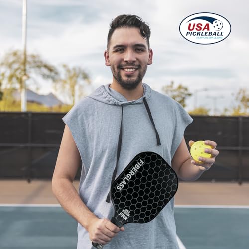 Pickleball Paddles Set of 2 with 4 Balls - USAPA Approved Fiberglass Surface, Lightweight, Non-Slip Grip - Premium Paddle Set for All Skill Levels Indoor & Outdoor - color: Black