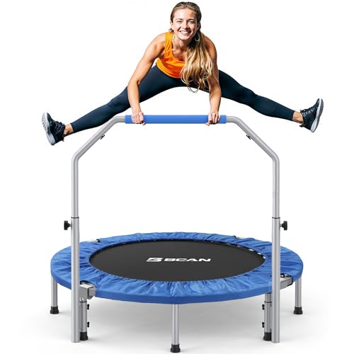 BCAN SP2 40/48" Foldable Mini Trampoline Max Load 330lbs/440lbs, Fitness Rebounder with Adjustable Foam Handle, Exercise Trampoline for Adults Indoor/Garden Workout | FED Fitness - color: Blue, size: 48-inch