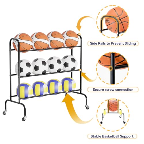 Basketball Rack 3 Tier, Rolling Sport Equipment Holder Ball Storage Cart for Basketball, Football and Soccer, Suitable for Indoor and Outdoor, Black