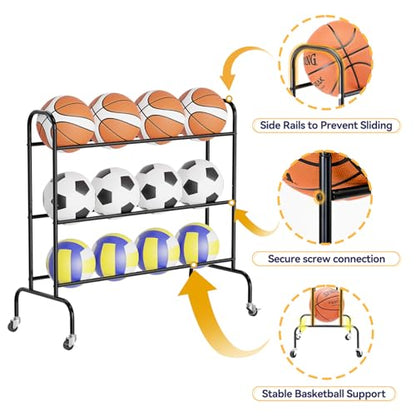 Basketball Rack 3 Tier, Rolling Sport Equipment Holder Ball Storage Cart for Basketball, Football and Soccer, Suitable for Indoor and Outdoor, Black