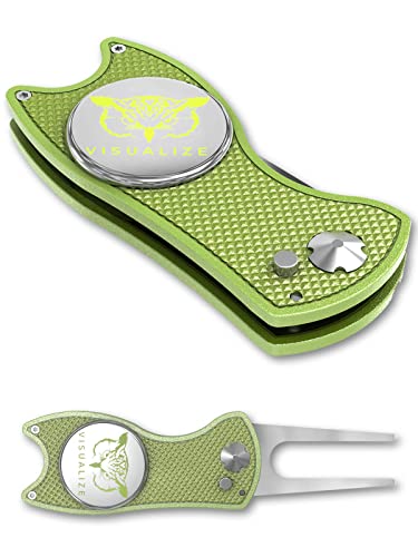 VISUALIZE Elite Switchblade Golf Divot Repair Tool Set with Ball Marker - Sturdy Anodized Aluminum - Perfect Golf Accessory Gift - color: Green