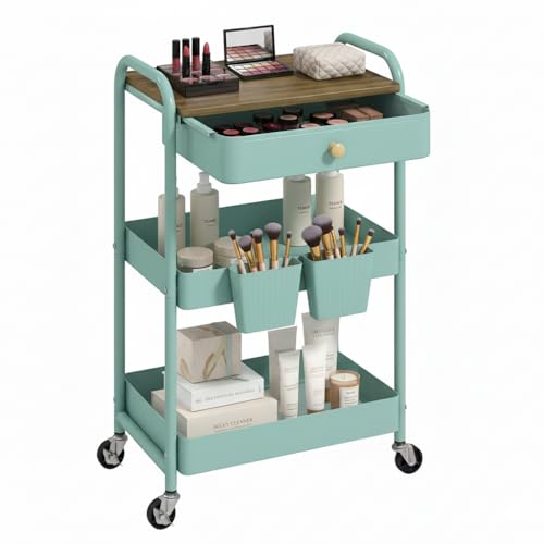 danpinera 3 Tier Rolling Cart, All-in-One Art Cart Organizer on Wheels for Kitchen, Bathroom, Office, Laundry - color: Green, size: without pegboards