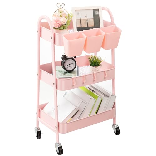 danpinera 3-Tier Rolling Cart, Utility Cart Mobile Metal Rolling Storage Cart with Lockable Wheels & Hanging Cups & Hooks for Kitchen, Bathroom, Office, Workshop, Pink - color: Pink, size: Normal (3 tier)