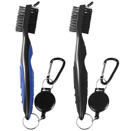 OBTANIM 2 Pack Golf Club Brush Groove Cleaner Tools with Retractable Zip-line Aluminum Carabiner for Golf Club Bag Accessories - color: Black and Blue