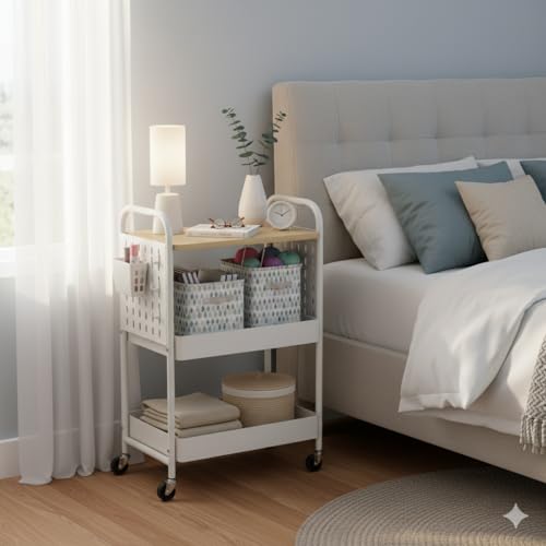 danpinera 3 Tier Rolling Cart with Wooden Table Top, White Rolling Utility Cart with DIY Pegboards & Locked Wheels, Easy Assembly for Nursery, Living Room, Studio - color: White, size: without drawer