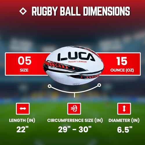 LUCA Rugby Ball Youth and Adult Sizes 3, 4 & 5 - Hand Stitched Super Grip Training Ball - Durable 3-Ply Waterproof Surface for College & Club Practice - color: Red, Black, White, size: 5