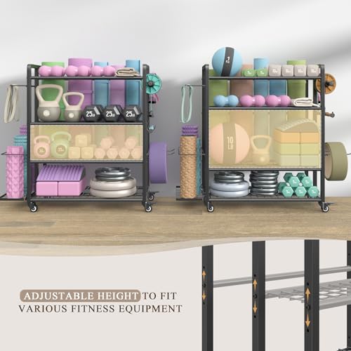4-Tier Dumbbell Rack Stand Only, Adjustable Weight Rack for Dumbbells Kettlebells Yoga Mat, Home Gym Storage Rack with Wheels and Hooks, Powder Coated Finish - size: Large Black
