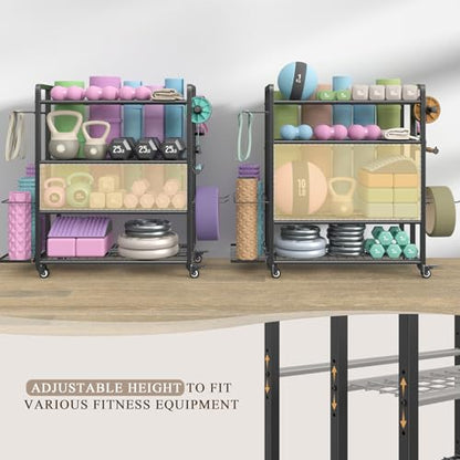 4-Tier Dumbbell Rack Stand Only, Adjustable Weight Rack for Dumbbells Kettlebells Yoga Mat, Home Gym Storage Rack with Wheels and Hooks, Powder Coated Finish - size: Large Black