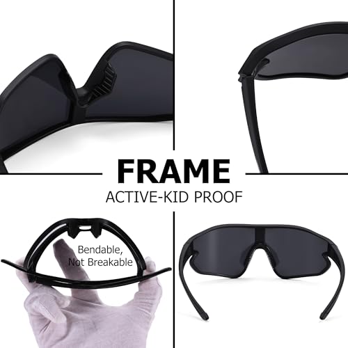 Kids Baseball Sunglasses - Youth Baseball Sunglasses for Boys Girls - Sports Softball Shades Age 6-14 - color: A6 Black / Grey + Black / Silver Mirror