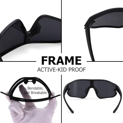 Kids Baseball Sunglasses - Youth Baseball Sunglasses for Boys Girls - Sports Softball Shades Age 6-14 - color: A6 Black / Grey + Black / Silver Mirror
