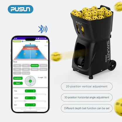 Pickleball Machine-PUSUN Launcher for Professional Training | App& Remote Control | Speed, Angle, Rotation Adjustment | Large Capacity (85+ Balls) | 4-6 Hour Battery Life | Self-Programming - color: Black