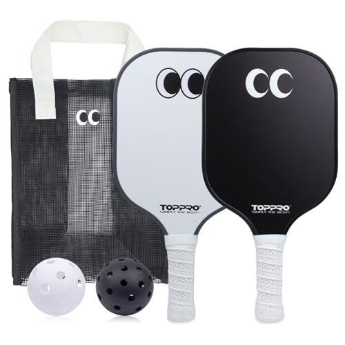 TOPPRO Pickleball Paddles Set of 2, Fiberglass Face, Polypropylene Honeycomb Core, Lightweight Pickleball Rackets 2 Pack - color: EYE Black & White