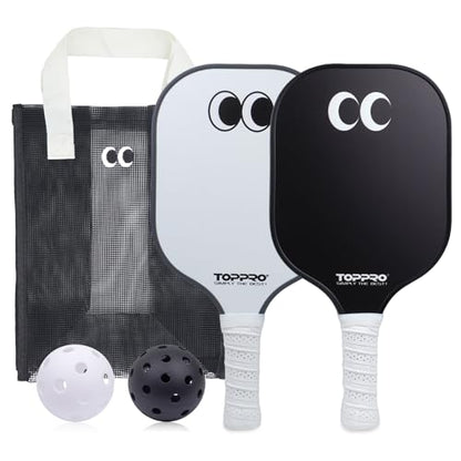 TOPPRO Pickleball Paddles Set of 2, Fiberglass Face, Polypropylene Honeycomb Core, Lightweight Pickleball Rackets 2 Pack - color: EYE Black & White