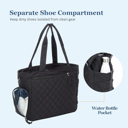Pickleball Bag Fits 2 to 6 Paddles, Quilted Pickle ball Tote Bags for Women and Men with Shoe Compartment and Fence Hook, Great Pickleball Gifts - color: Black