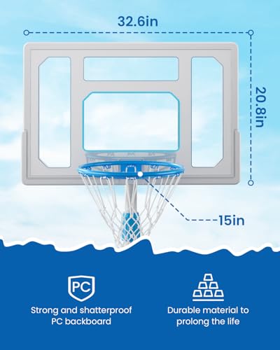 Stainless Steel Pool Basketball Hoop Poolside, Adjustable Swimming Pool Basketball Goal with 32 Inch Shatterproof Backboard, Poolside Water Basketball Hoop, 2 Balls & Pump Included (32in Pool Hoop)