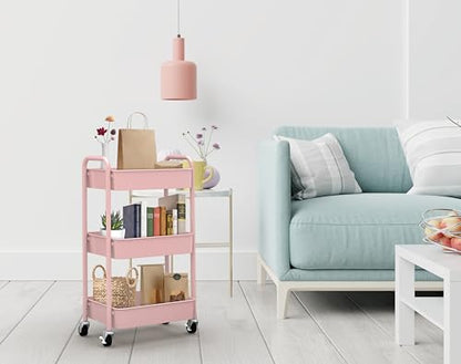 CAXXA 3-Tier Rolling Metal Storage Organizer - Mobile Utility Cart with Caster Wheels, Pink - color: Pink