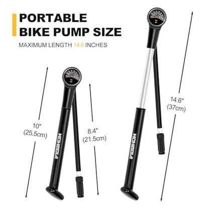 MOHEGIA Bike Frame Pump with Gauge: Protable Bicycle Pump 160 PSI - Fits Schrader & Presta Valve - Compact Mini & Durable Fast Inflation with Ball Pump Needles