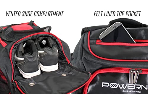 PowerNet Baseball Softball Backpack, Choose from 3 Colors Red Black Blue, Padded Helmet Carrier, Dual Bat Sleeves, Vented Cleat Compartment, Fence Hook, Hook and Loop Batting Glove Area - color: Red