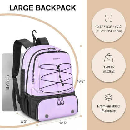 Arcoyard Tennis Bag Holds 2 Rackets, Professional Tennis Bags for Women, Tennis Backpack with Ventilated Shoe Compartment - color: Purple