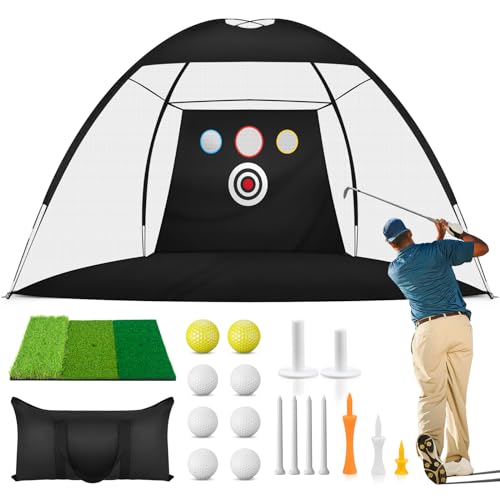 10x7Ft Golf Practice Net, Golf Net for Backyard Driving Real GolfBalls, All in 1 Golf Hitting Nets with Tri-Turf Mat, Impact Target, 10 Balls, 7 Tees, 2 Rubber Tees, Carry Bag