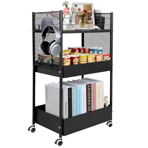 3-Tier Rolling Storage Cart Metal Utility Cart with Wheels, Office Organizer with Hanging Cups, Hooks, Book Snack Craft Mobile Shelving Unit for Office Kitchen Nursery - color: Black