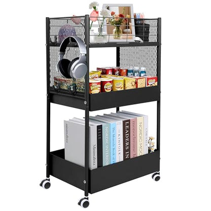 3-Tier Rolling Storage Cart Metal Utility Cart with Wheels, Office Organizer with Hanging Cups, Hooks, Book Snack Craft Mobile Shelving Unit for Office Kitchen Nursery - color: Black