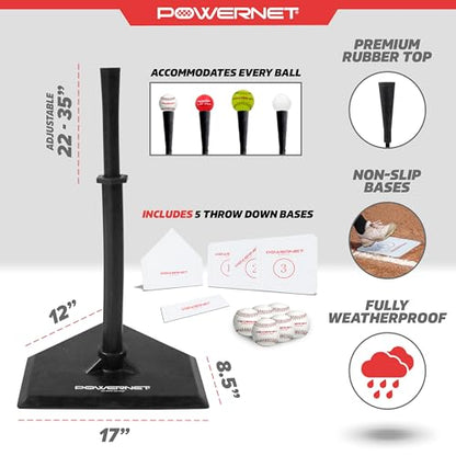 PowerNet T Ball Baseball Accessories for Coach, TBall Coaching Bundle, Tee Ball Set Includes 6 Soft Core Baseballs + Adjustable Batting Tee + 5 Throw Down Bases