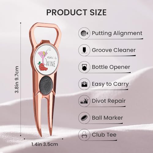 FINGER TEN Golf Divot Repair Tool and Ball Marker 7-in-1 Value 2 Pack, Premium Leather Grip Tools with Belt Clip, Club Tee, Club Groove Cleaner, Bottle Opener, Putting Alignment Guide - color: Rose Gold