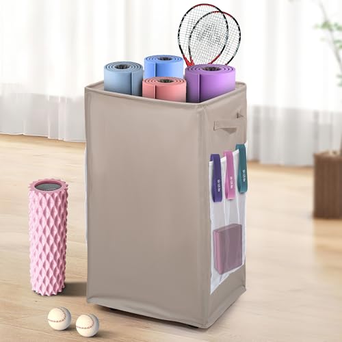 Yoga Mat Storage Racks, Home Gym Storage Rack with Wheels, Yoga Mat Holder Side 2 Mesh Pockets, Yoga Storage Basket Holds 4 Yoga Mats, 2 Foam Rollers, 6 Resistance Bands - color: Khaki