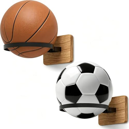 Basketball Holder Wall Mount with Wooden Base, 2 Pcs Ball Storage Holder for Football Basketball Soccer Rugby Display Rack - Boys Sports Accessories Organizer