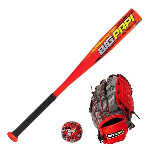 Ortiz34 Youth T-Ball Set, 25” Signature Aluminum T-Ball Bat with -10 Drop, Foam Core T-Ball, 9” Lightweight Youth Glove, Vibrant Graffiti Print - color: Red