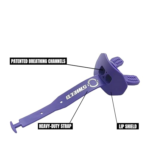 O Shield Striker Football Mouth Guard with Connected Strap, No Boil Brace Friendly Lip Guard for Tackle Football, Youth and Adult - color: Purple
