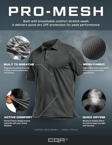 CQR Men's Quick Dry Tactical Polo Shirt, Lightweight Breathable Performance Polo, Short Sleeve UPF 50+ Outdoor Golf Shirt