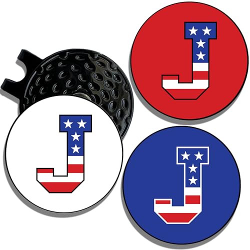 Wolf Golf Towels Golf Ball Marker Hat Clip | USA Monogram | 1 Magnetic Clip + 3 Ball Markers | Patriotic Golf Accessories for Men & Women - color: J - Red White & Blue