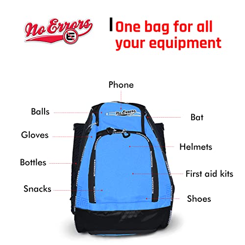 No Errors Sports RBP Rookie Baseball and Softball Backpack - Youth Baseball and Softball Bat Bag with Fence Hooks - Baseball and Softball Equipment Bag for Kids - color: Lt. Blue