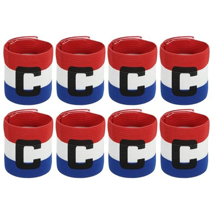 MECCANIXITY Soccer Captain Armband, Captain Arm Bands for Soccer Elastic Captain C Arm Band Sports Captain Armbands for Football Team Training Youth & Adult Blue/White/Red, Pack of 8