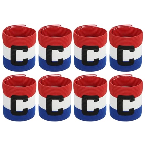 MECCANIXITY Soccer Captain Armband, Captain Arm Bands for Soccer Elastic Captain C Arm Band Sports Captain Armbands for Football Team Training Youth & Adult Blue/White/Red, Pack of 8