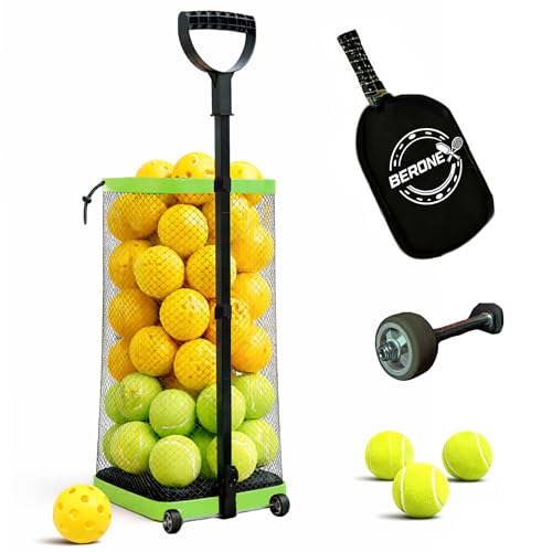Rolling Tennis Ball Hopper & Picker Basket with Wheels, Holds 50+ Tennis Balls or 40+ Pickleballs, Lightweight Retriever Collector, Durable Easy Pick Up Ball Collector with Paddle Bag, Upgraded