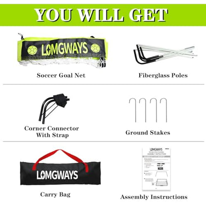 LOMGWAYS Soccer Goal – Foldable Frame Net for Kids + Youth – Indoor + Outdoor Soccer Goal with Carry Bag – Easy Set up – Multiple Sizes for Practice & Games